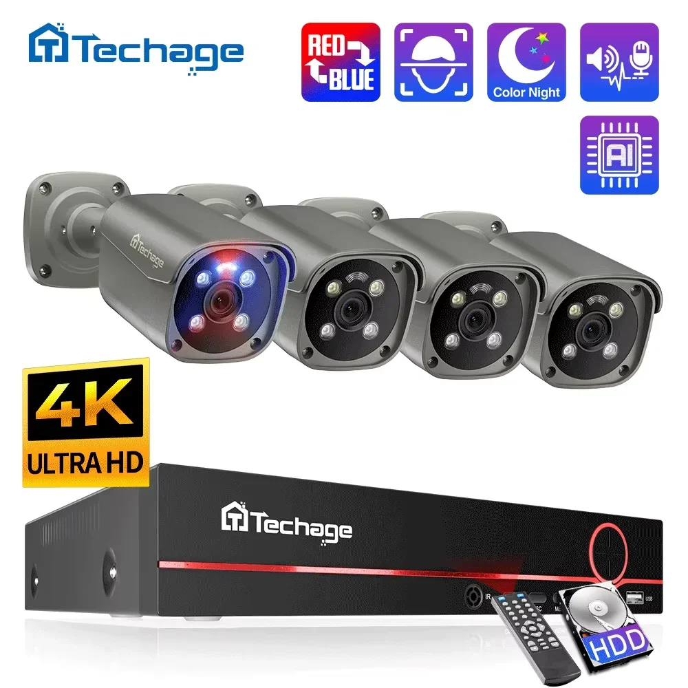 Techage 4K Ultra HD 8MP Sicurezza POE NVR Kit Rilevamento viso umano AI Smart Camera Outdoor Home CCTV Videocamera di sorveglianza Set