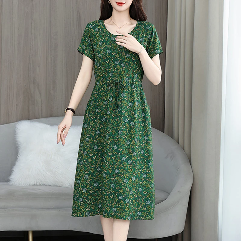 New Fashion 2025 Print Summer Dresses For Women Short Sleeve O-Neck Elegant Summer Dress Woman Clothing