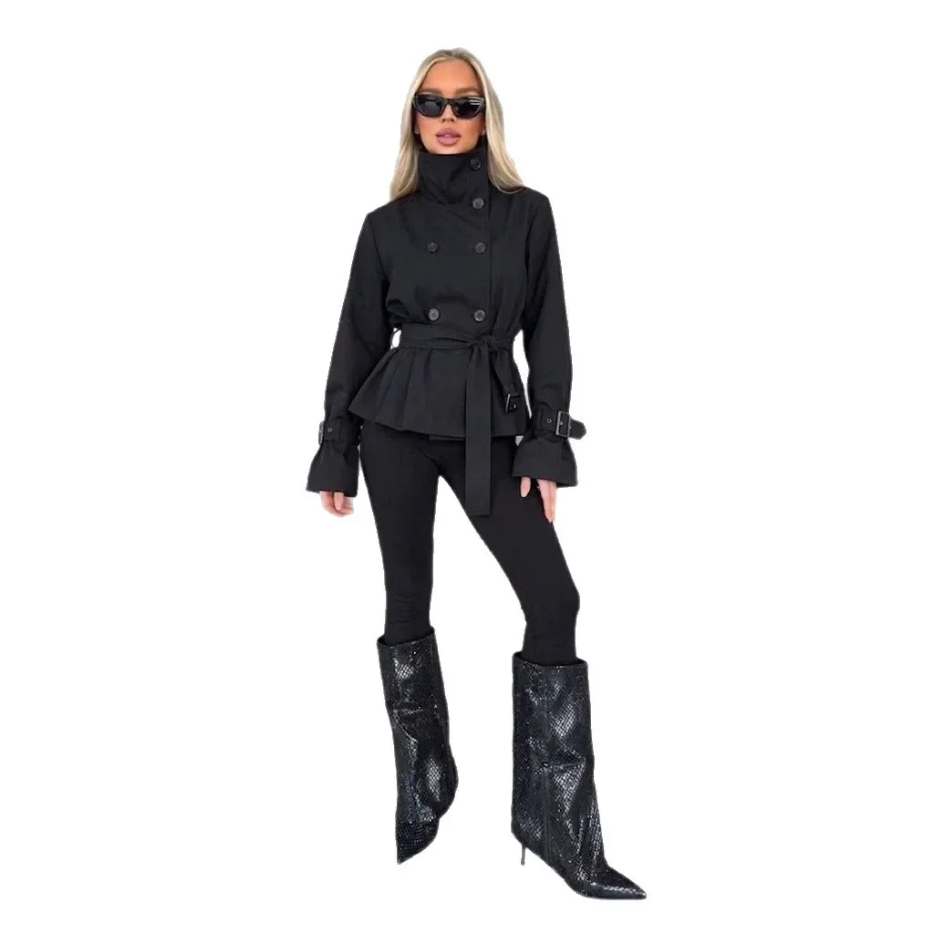 Autumn and winter new cross-border stand-up collar button waist strap short trench coat casual temperament trench coat women