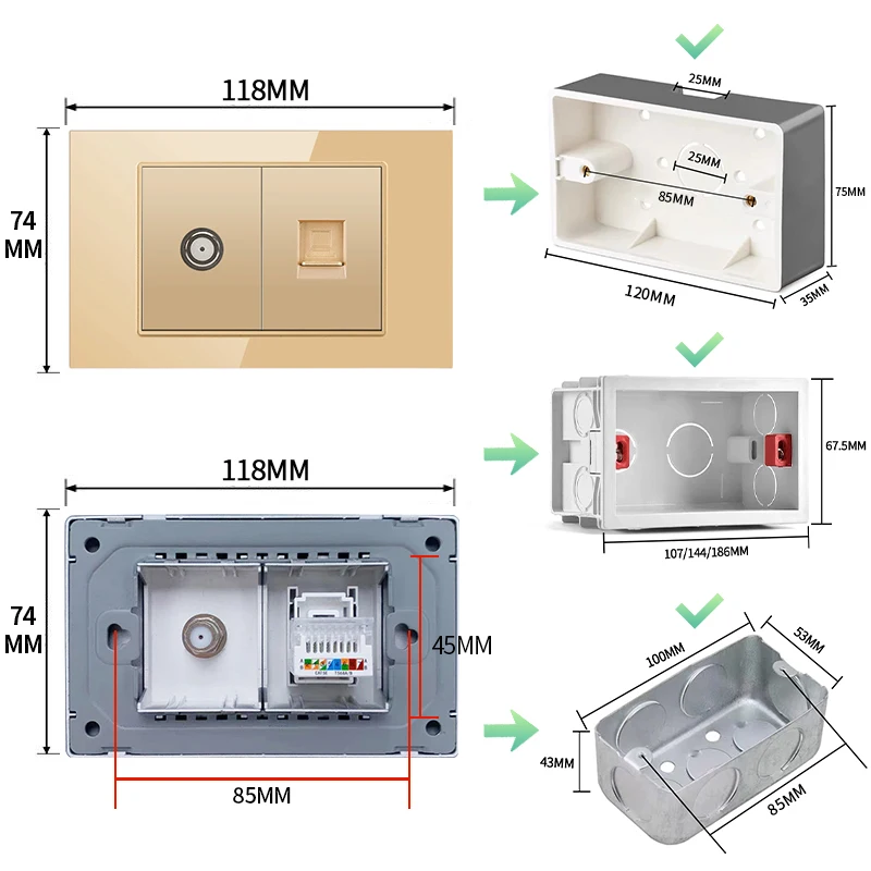 ELEGAN tomada vidro Gold Tempered Glass Panel Brazil Standard Series 118mm*74mm Wall Computer TEL TV Combination Socket Switch