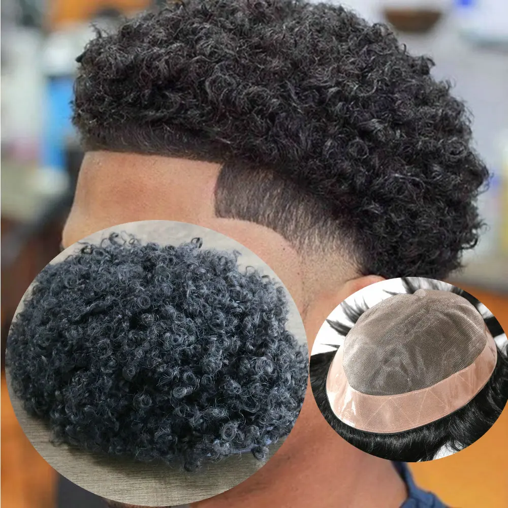 

8mm Afro Kinky Curly 100% Human Hair Toupee Man Wig Unit Black Mens African American Toupees for Men Mono Lace with PU Base