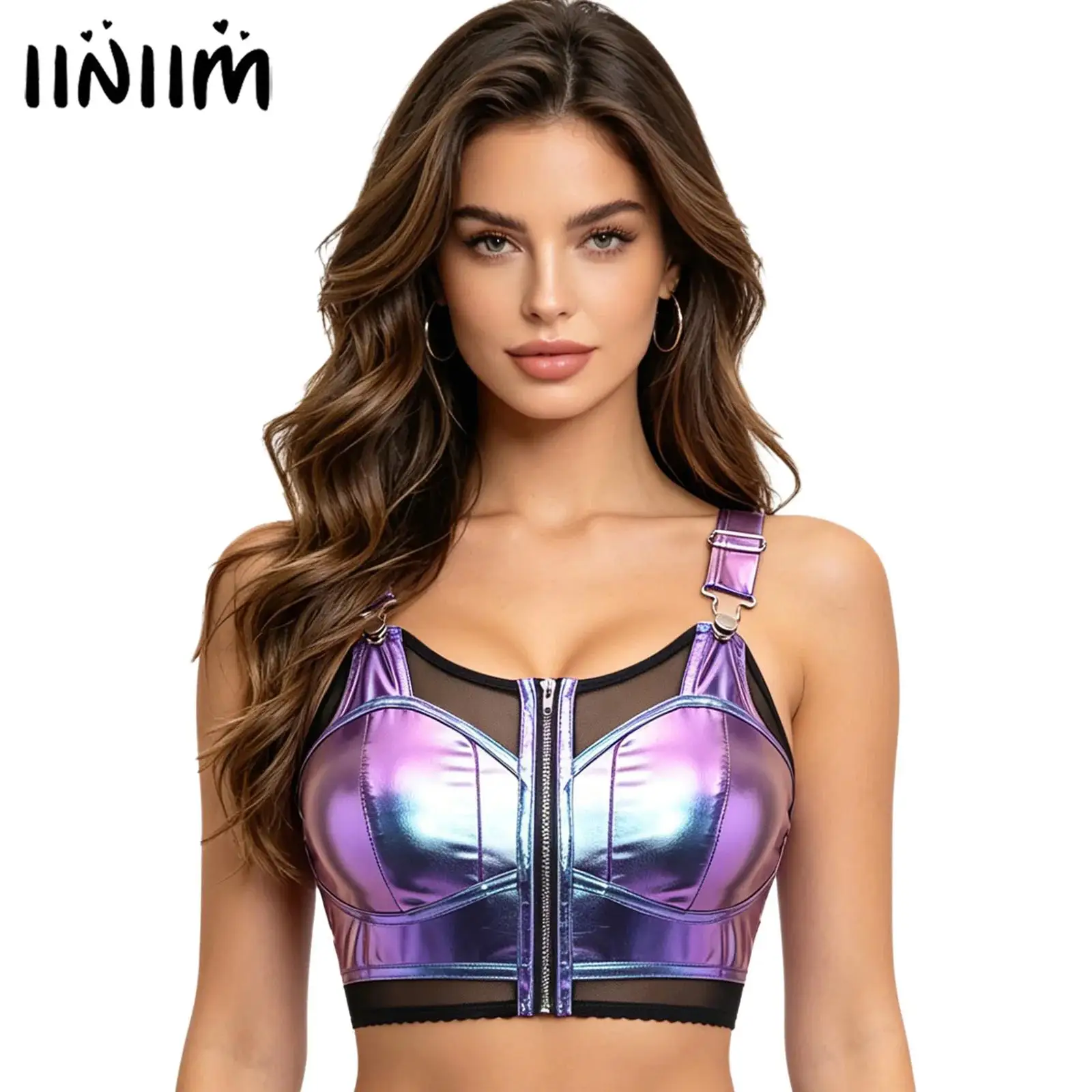 Damen Punk Gothic Crop Tank Bustier Top Metallisch Glänzend und Transparentes Netzgewebe Verstellbare Träger Vorderer Reißverschluss Ausschnitt-Weste Crop Top