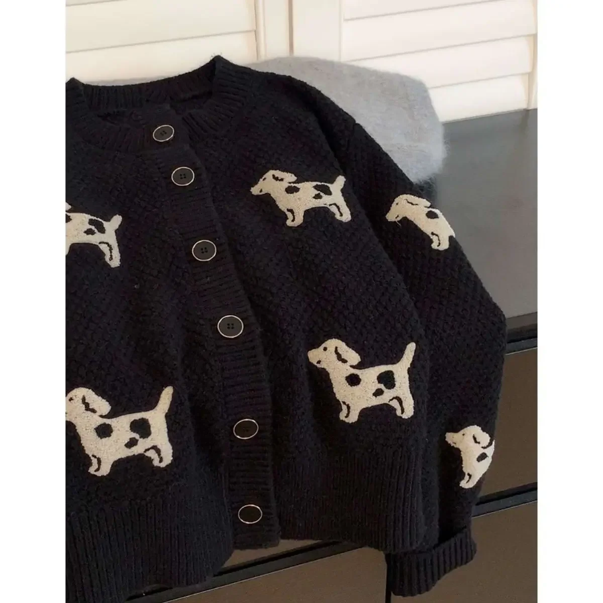 Gagaok Black Dog Printed Short Sweater Jacket Women Autumn Winter New Knitted Cardigan Korean Fashion Long Sleeve Coat Top