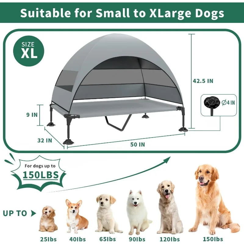 Elevated Dog Bed with Canopy, Raised Outdoor Dog Cot with Stable Anti-Slip Feet, Pet Bed with Removable Canopy Shade Tent