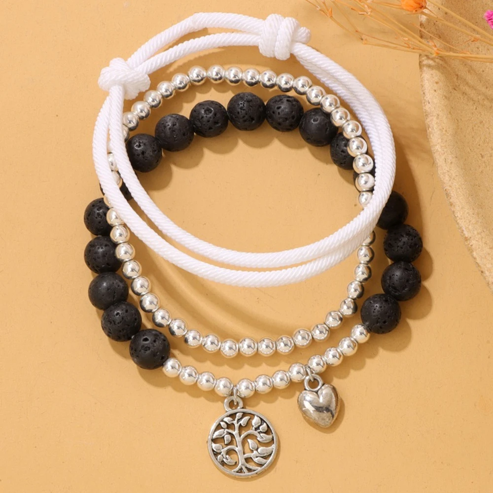 3Pcs/Set Tree of Life Heart Charm Bracelets 8mm Natural Lava Stone Bracelet White Rope Braided Bracelets Men Women Jewelry Gifts