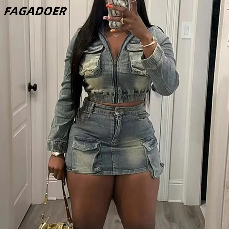 FAGADOER Y2k Retro Denim Two Piece Set Hot Girl Cargo Pockets Patchwork Zip Jacket and Stretchy Mini Skirts Suits Streetwear New