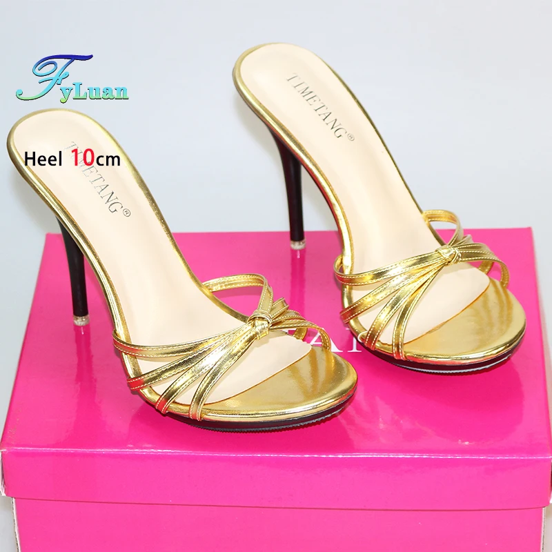 

Женские сандалии на тонком каблуке, летние брендовые тапочки из лакированной кожи, 10 см, без шнуровки с круглым носком, модные вечерние женские туфли на шпильке