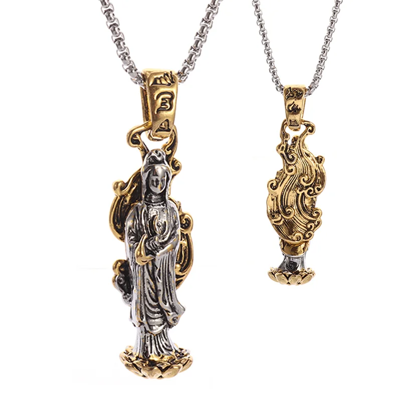 New Avalokiteshvara Bodhisattva Pendant Necklace Men Ladies Retro Avalokitesvara Ping An Fu Faith Jewelry Gift