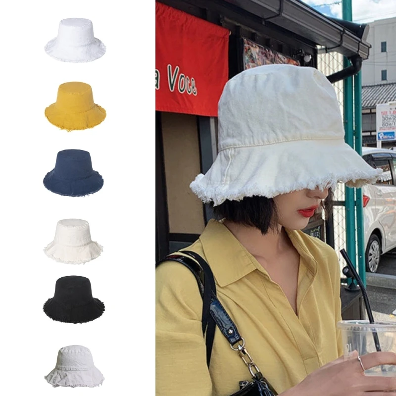 

Frayed Design Foldable Fisherman Hat Beggar Style Bucket Hat Outdoor Anti-Uv Fisherman Hat for Adult Teenager Wide Brim Hat