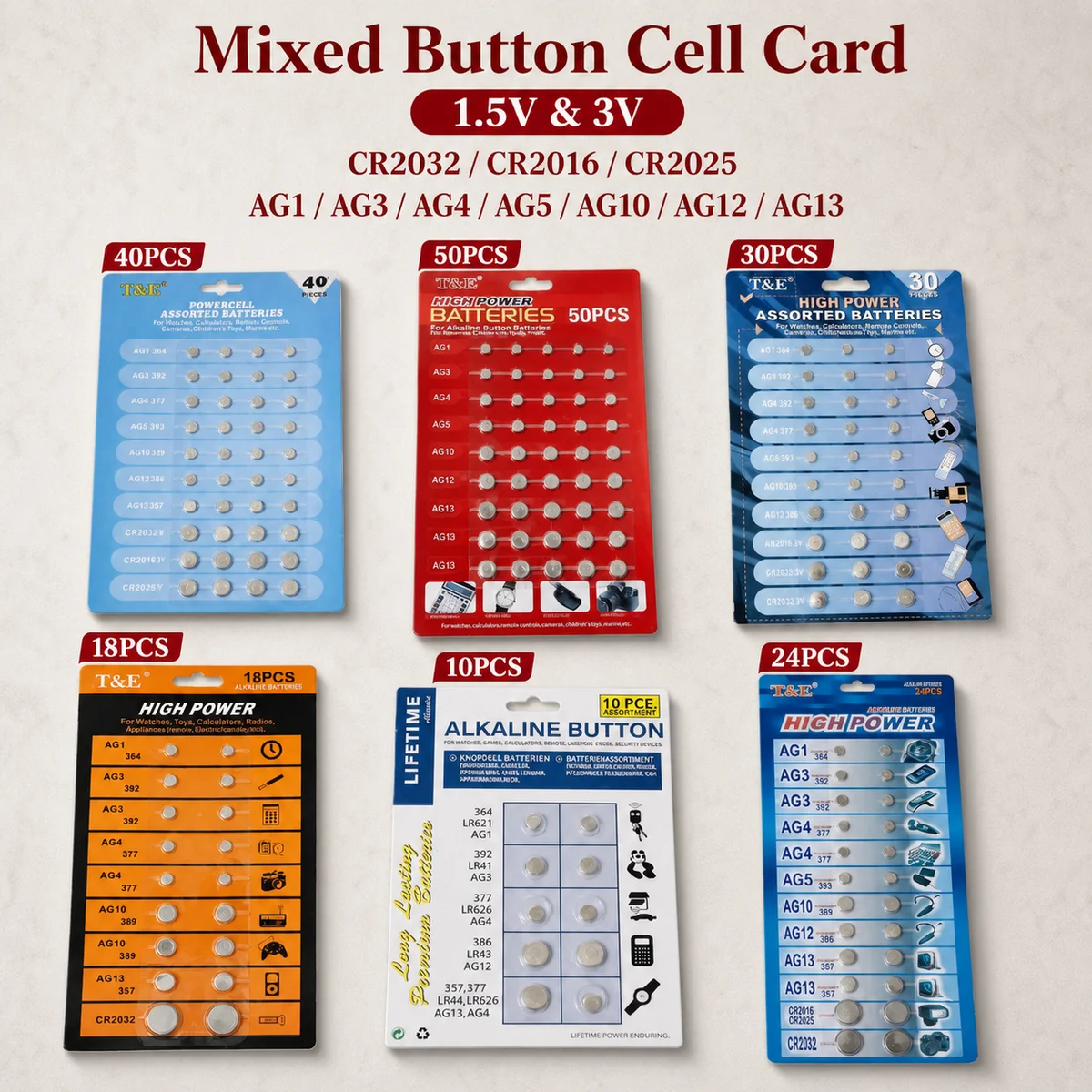 Button Cell Battery 2 Card 1.5V AG13 AG1 AG3 AG4 AG10 AG12 3V CR2032 CR2016 CR2025 For Watch Remote Toys