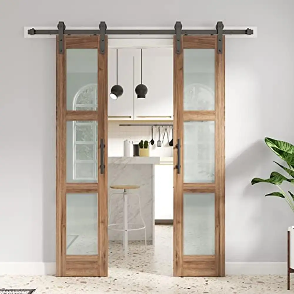 Glass Barn Door Kit 18x84 inch with Frosted 3-Panel Glass Water-Proof Surface & Easy Installation Bathroom Kitchen Laundry Room