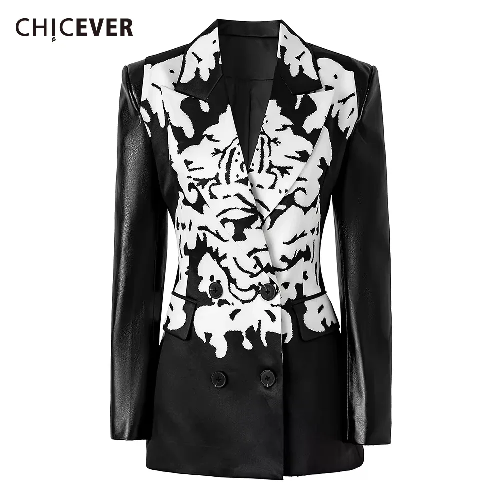 

CHICEVER Hit Color Printing Spliced Leather Blazers for Women Lapel Long Sleeve Tunic Deaigner Slimming Coats Female Spring New