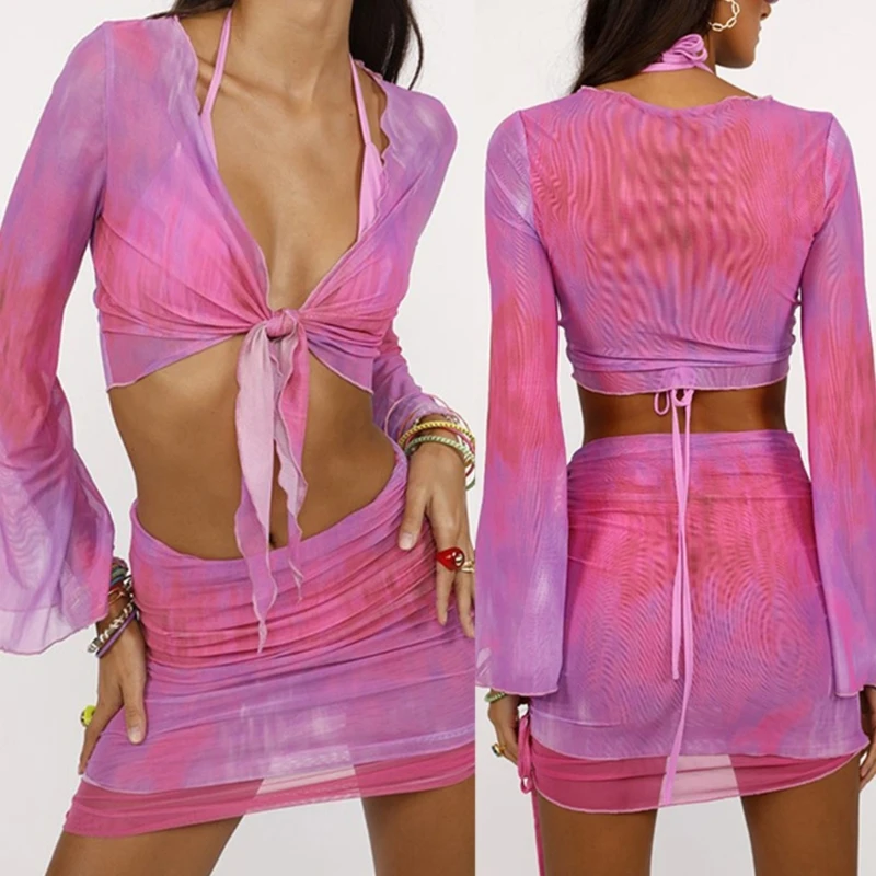 สตรี Tie-Dye เสื้อลูกไม้แขนยาว-Up Crop Top และด้านข้าง Ruched สายรัด ROK Mini ชุดฤดูร้อนบิกินี่ Cover Up Beachwear