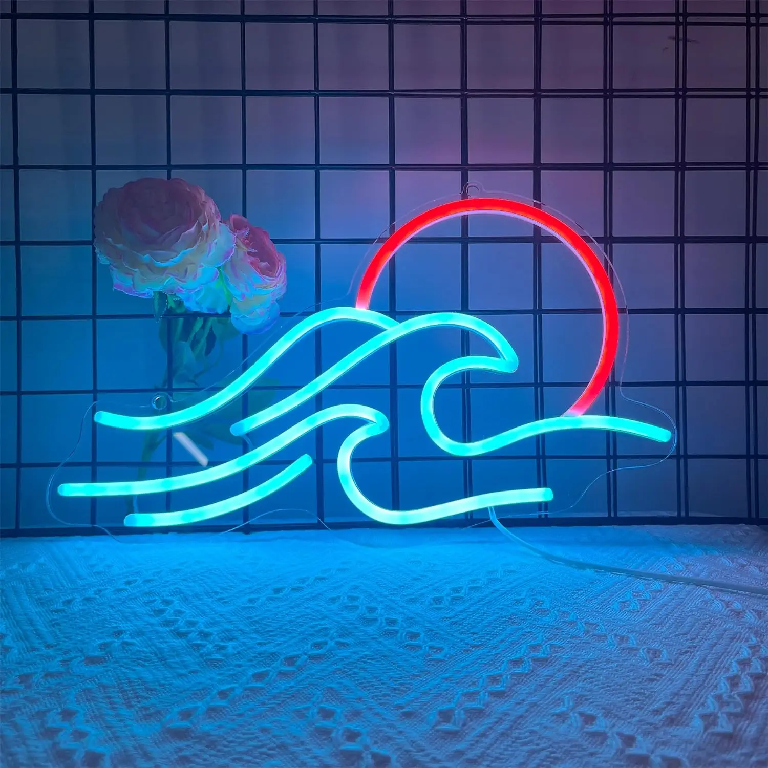 Sunrise Wave Neon Sign Blue Sea Wall Decor Sun Sunset LED Light Bedroom Room Hotel Partner Company Studio Sushi Japanese Japan