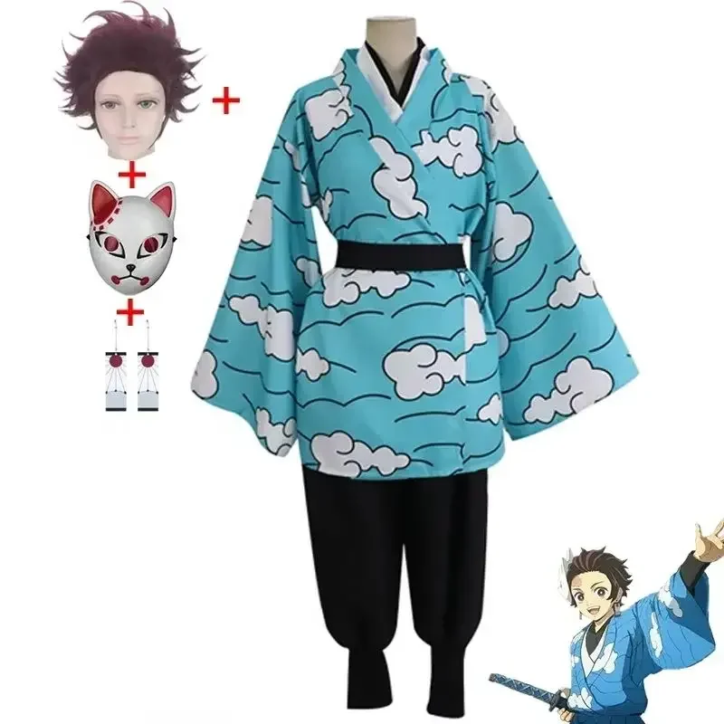 

New Kamado Tanjirou Full Cosplay Costume Set With Wig Mask And Earrings For Men Kimetsu No Yaiba Halloween Funny Anime Costume