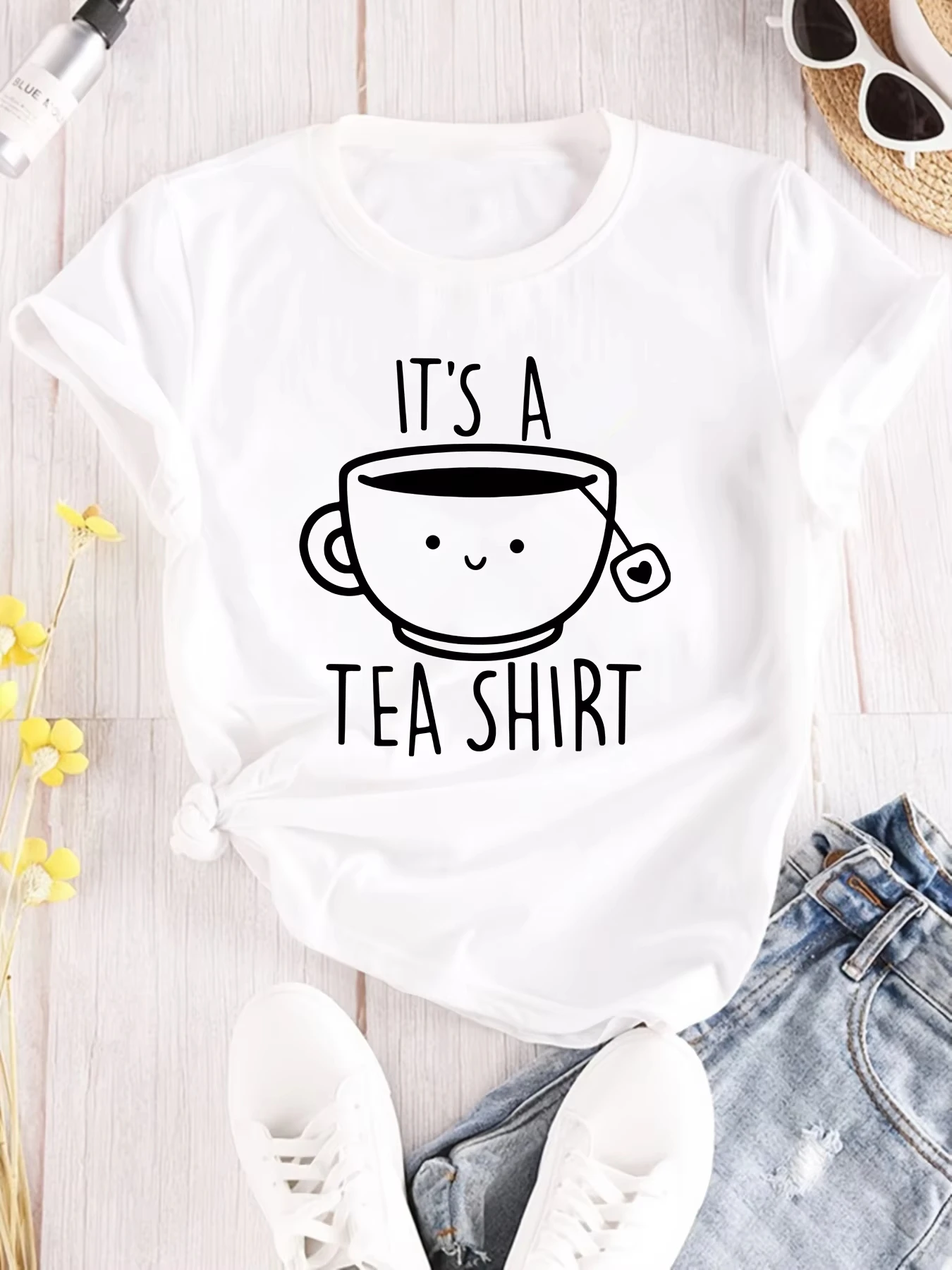 Women's Casual Crew Neck T-Shirt Fashion Tee It's A Tea Shirt Alphabet Cartoon Teacup Pattern Short Sleeve Summer Cotton Graphic