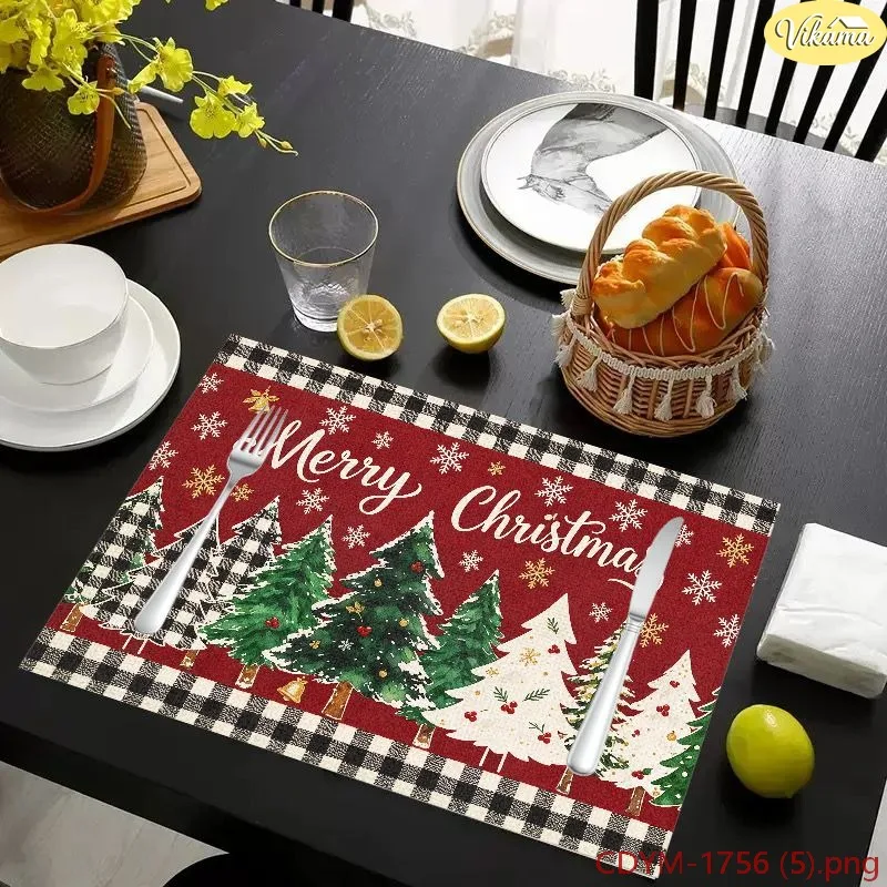 VIKAMA Christmas Placemats Red Buffalo Plaid Watercolor Xmas Tree Merry Christmas Washable Dining Mat Winter Holiday Decor
