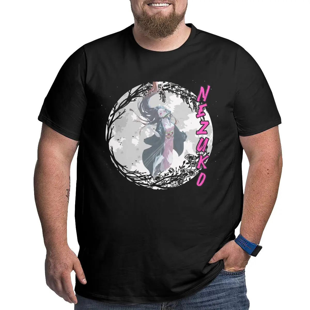 Men Nezuko Moon Kimetsu No Yaiba Demon Slayer 100% Cotton printed Tops Men's clothing Big Tall Tee Large 5XL 6XL   Anime T-Shirt