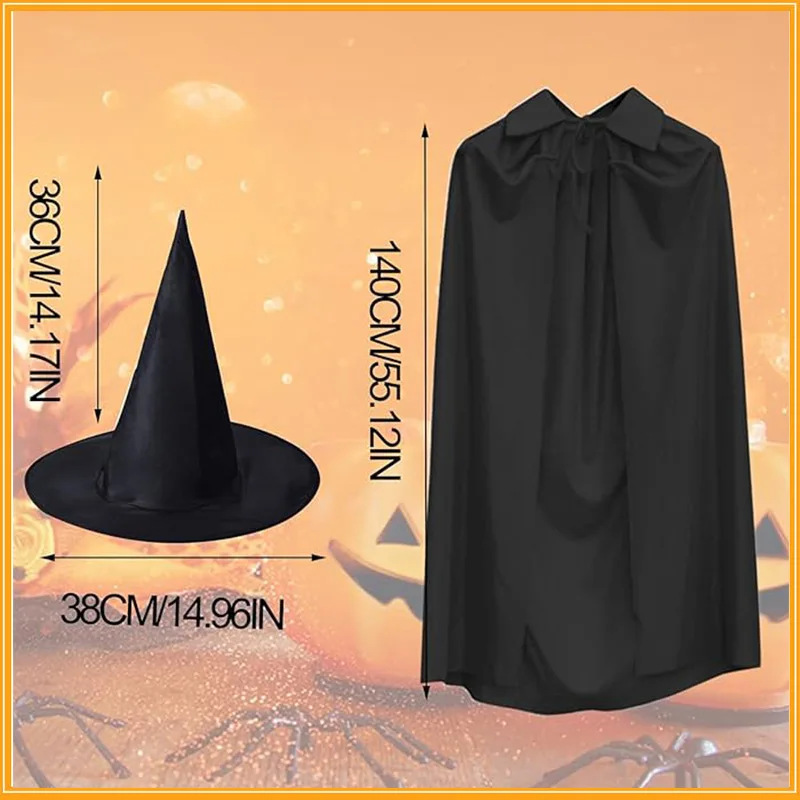 Halloween Single Layer Black Cape Cloak Reaper Vampire Witch Robe Set for Adults Kids Masquerade Party Stage Performance Cosplay