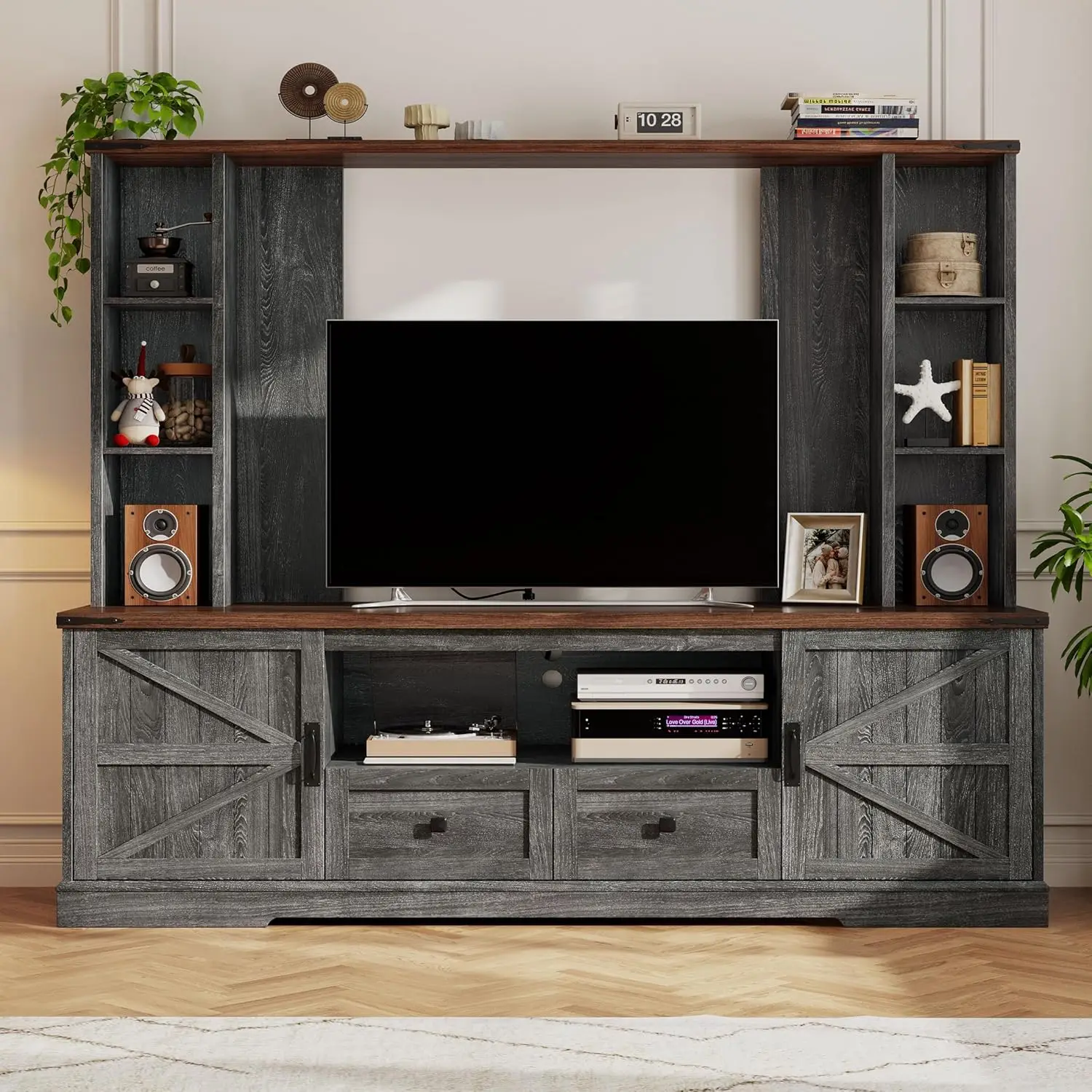 Wood TV Stand, Large Wall Unit Entertainment Center, Living Room with 2 LED Lights & Power Outlets, Storage Shelves,Dark Grey