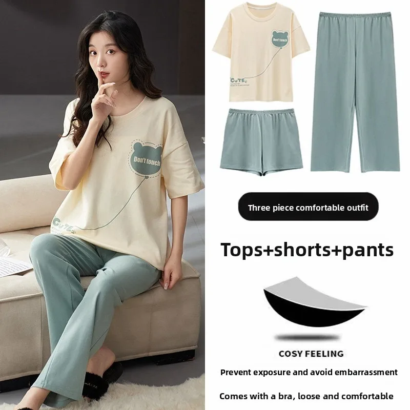 3 Piece Pajamas Women Pyjama Set Woman Pajama Sets Ladies Pyjamas Femmes Short Sleeve Sleepwear for Sleeping Nightie