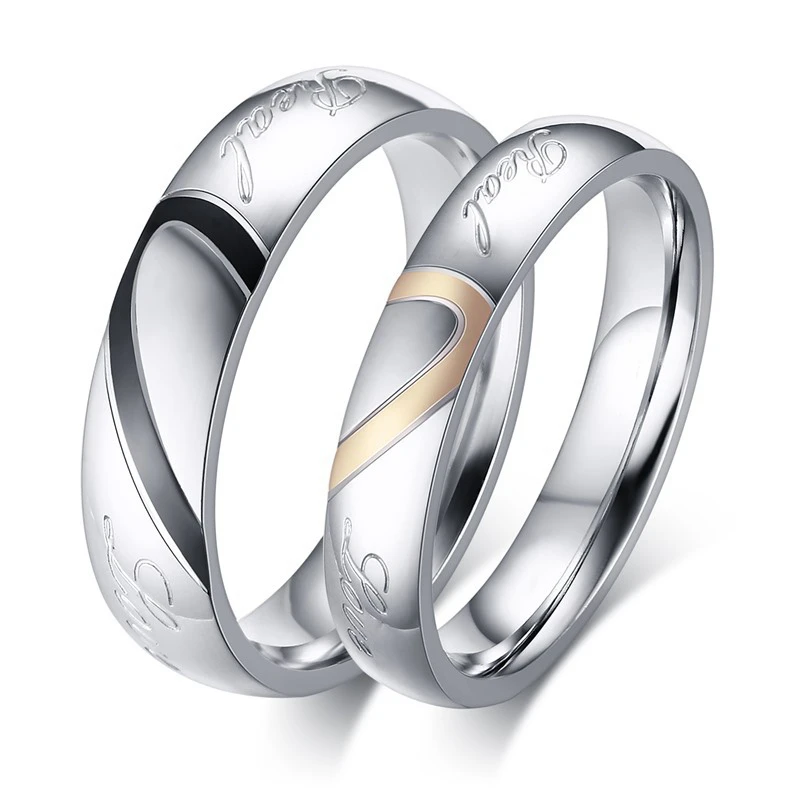 Fashion Titanium Steel Real Love Heart Wedding Rings for Couple Men Jewelry Silver Color Women Gift Never Fade Full Size 4-15