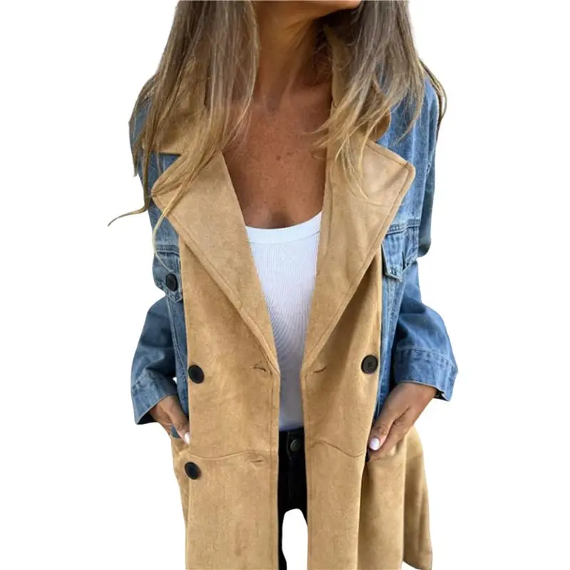 

CYL-Women's Long Sleeves Notched Lapel Double Breasted Denim Spliced Faux Suede Leather Long Coat Outerwear Blue L