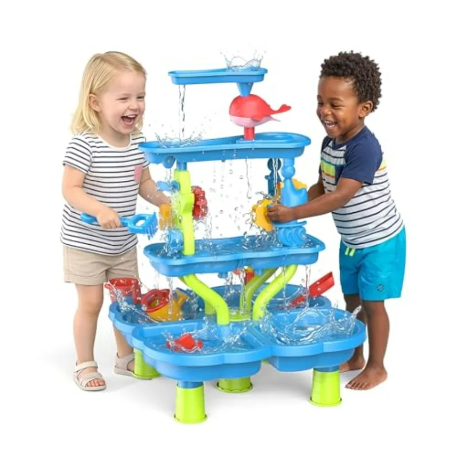 4-Tier Water Table with 20 Toy Accessories for Outdoor Sensory Play, Blue Dolphin and Pink Whale Design, Durable Plastic, Ideal