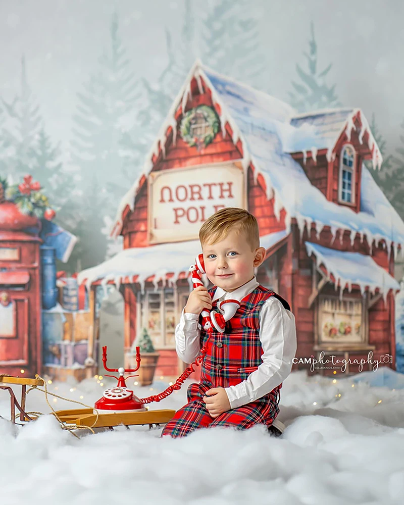 Winter North Pole Post House Backdrops Kids Baby Photography Child Adult Photocall Decors Snowflake Snowy Floor Backgrounds image 3