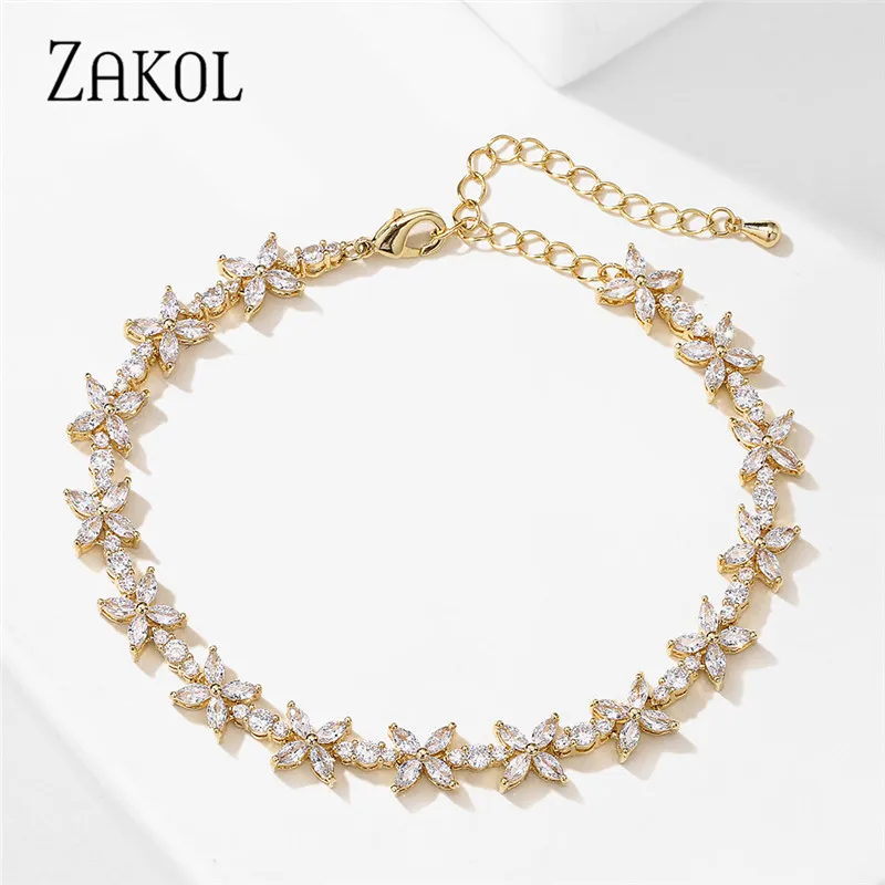 ZAKOL New Gold Color Cubic Zirconia Leaf Charm Bracelet & Bangles for Women Trendy CZ Crystal Bride Wedding Jewelry BP2255