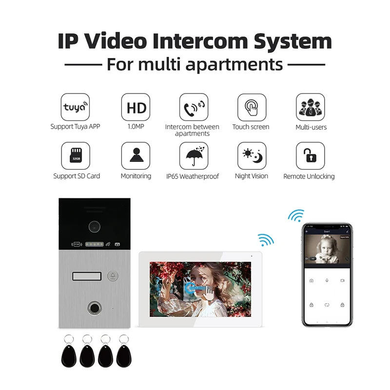 Jeatone Tuya 7 Inch Video Door Phone Intercom Doorbell Kit Smart Home Eye Door Camera Wireless WiFi Home Access Control System