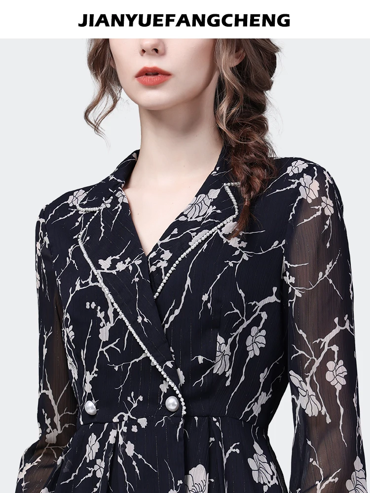 Fashion Women Spring Autumn Long Sleeve Suit Collar Floral Printed Shirt Elegant Vintage Lightweight Chiffon Blouse Tops