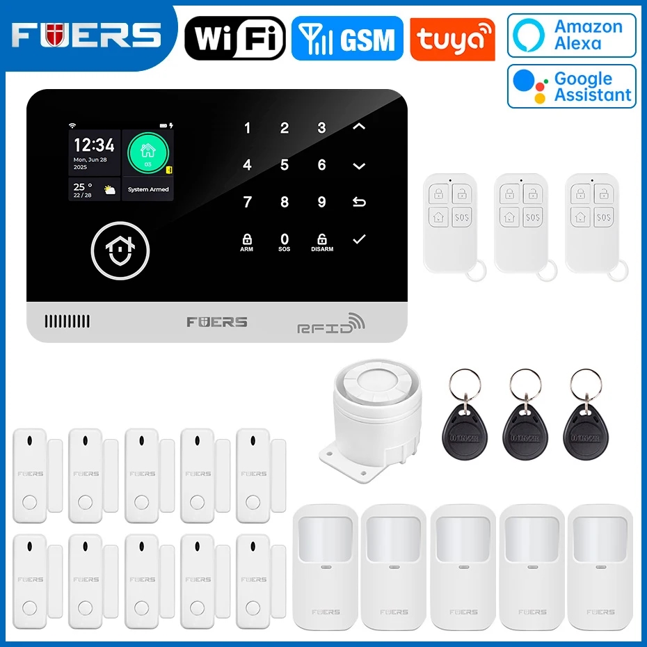 FUERS Alarmsysteem voor thuis WIFI GSM Beveiligingsalarm Host Ant-diefstal met deurbewegingssensor Tuya Smart App-bediening werk Alexa