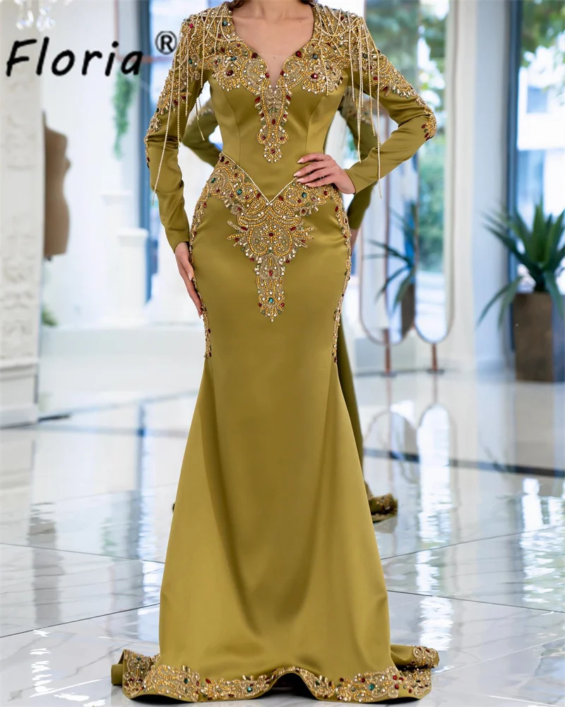 Luxury Beaded Handmade Mermaid Evening Dresses Long Sleeves Rhinestones Tassel Dubai Woman Wedding Reception Gowns Couture Robe