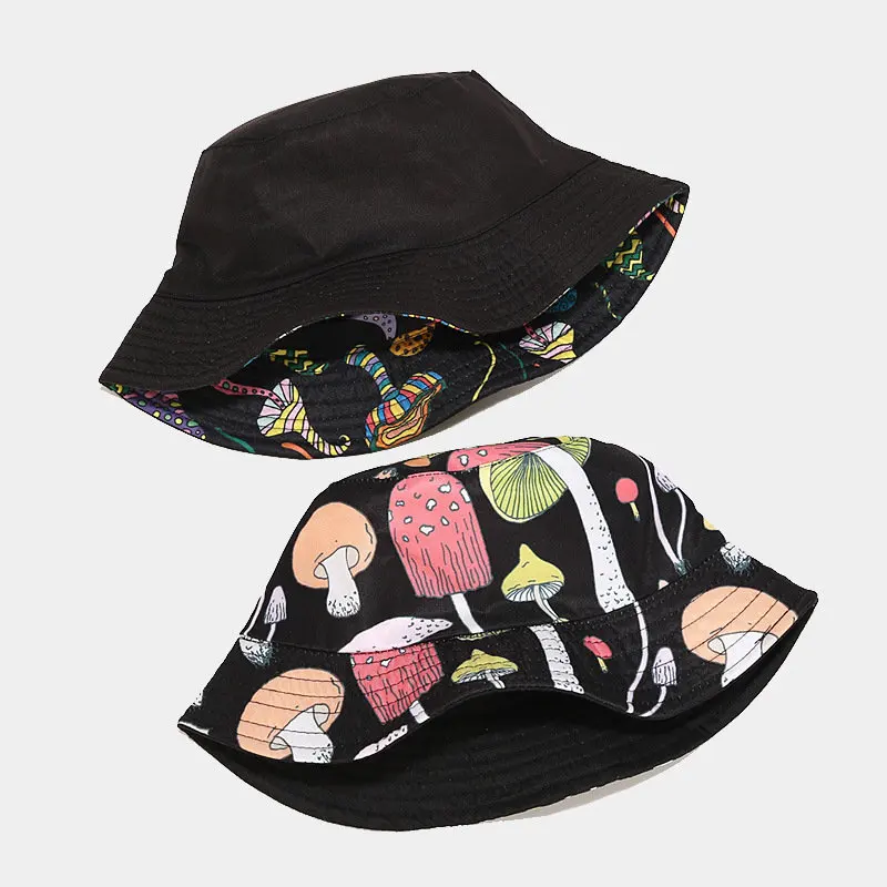 2022 Cotton Cartoon Mushroom Print Bucket Hat Fisherman Hat Outdoor Travel Sun Cap For Men And Women 02