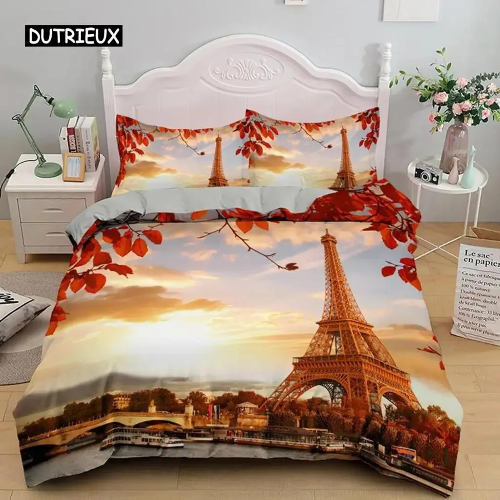 

Eiffel Tower Duvet Cover Set King Polyester Eiffel Tower At Sunset Paris Theme Bedding Set Romantic France Quilt Cover for Adult