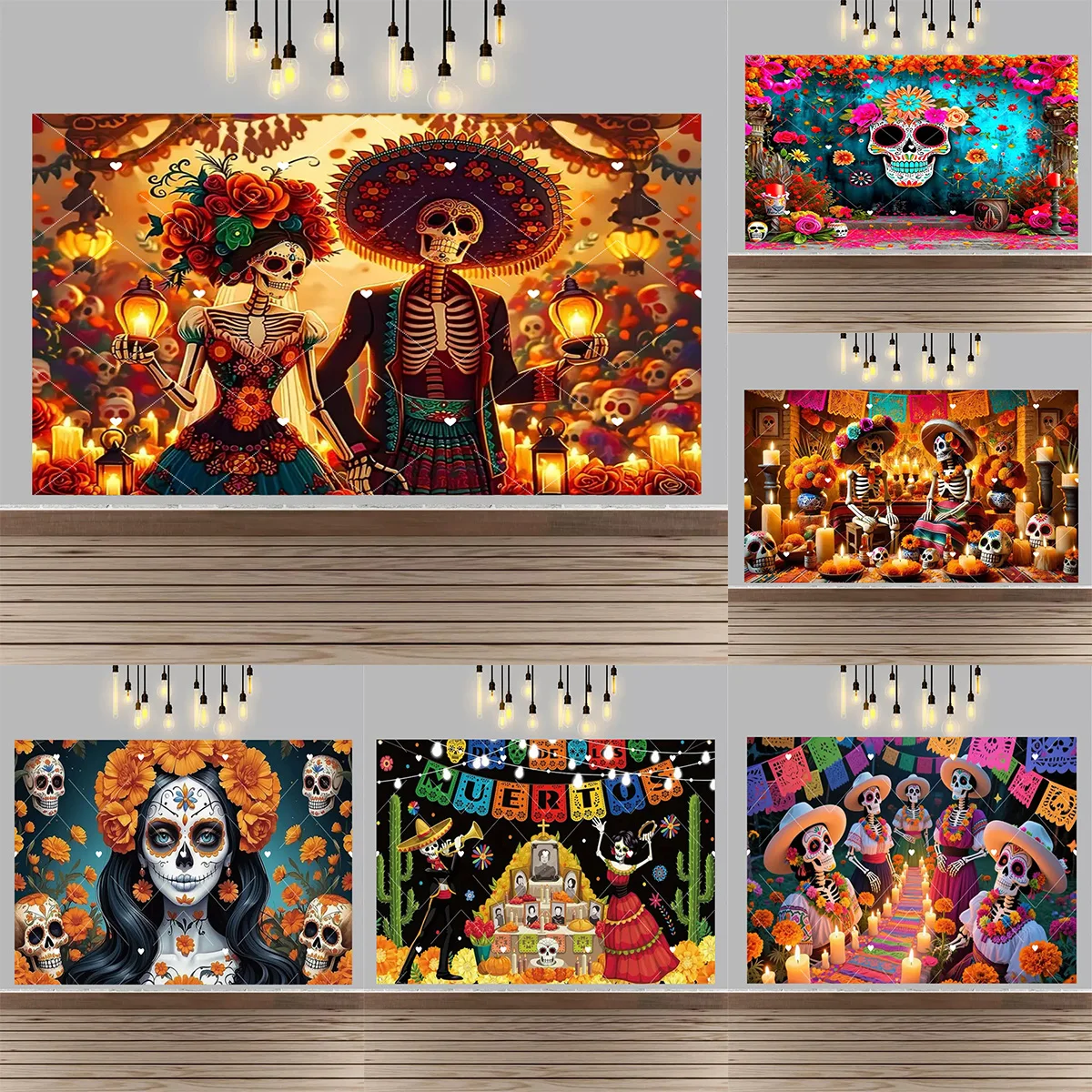 

Mexican Day of The Dead Backdrop Day of The Dead Guitar Band Skeleton Candle Day of The Dead Party Decor Photography Backdrop