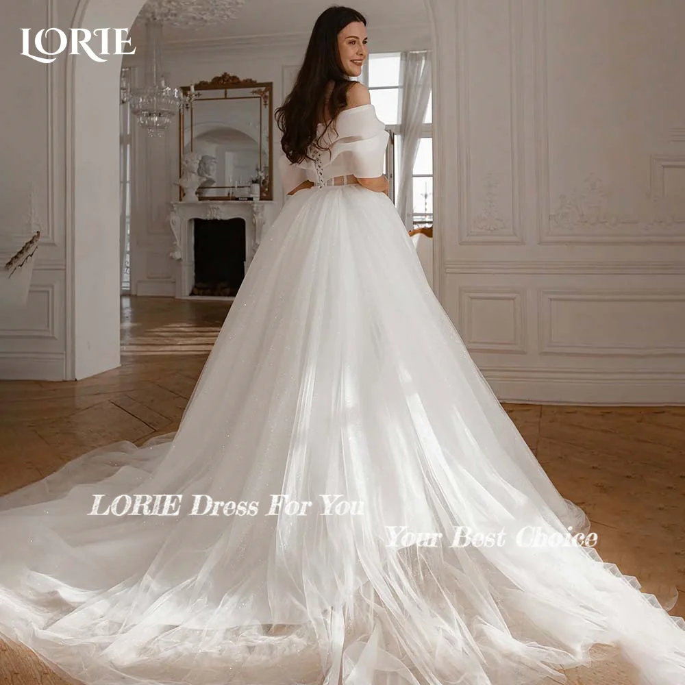 LORIE Sparkly Women's Wedding Dress Tulle Backless A-line Bride Gowns Boat Shoulder Shiny Bride Party Dresses vestidos de novia