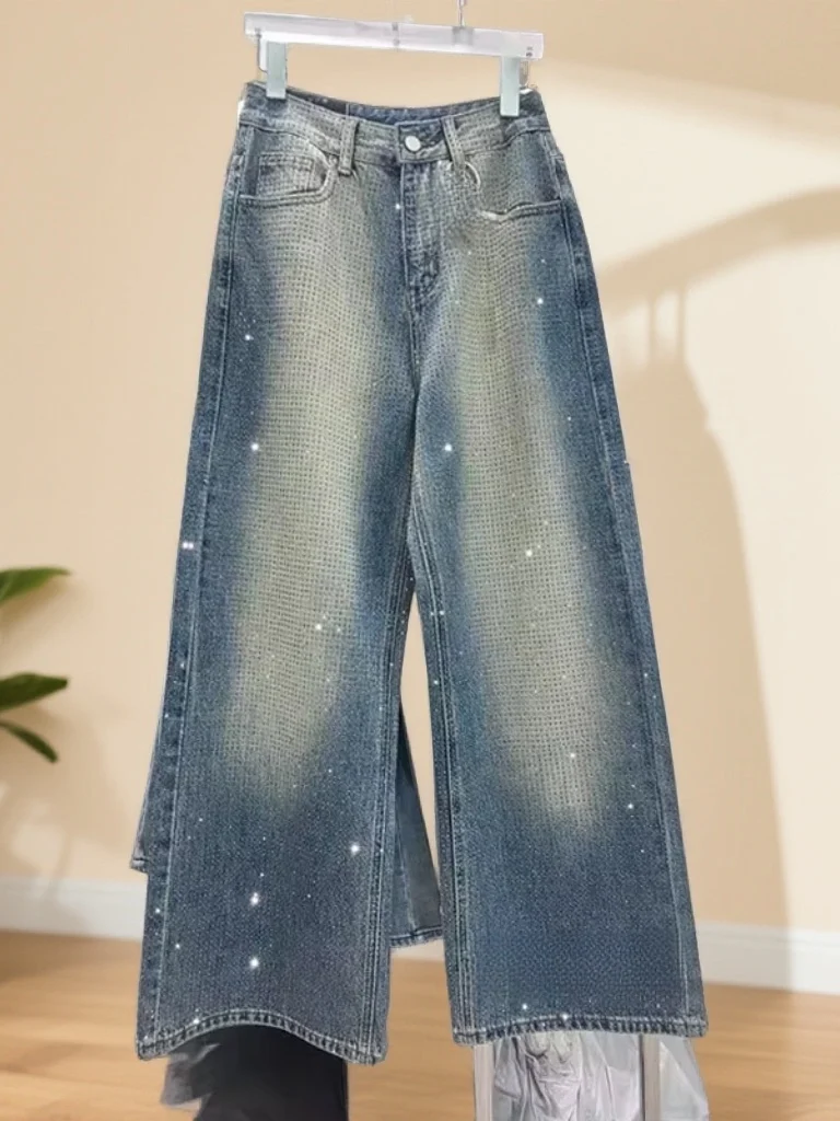 

Spring 2026 New Vintage Casual Heavy Rhinestone Wide Leg Denim Jeans Women High Waist Loose Straight Leg Pants Blue