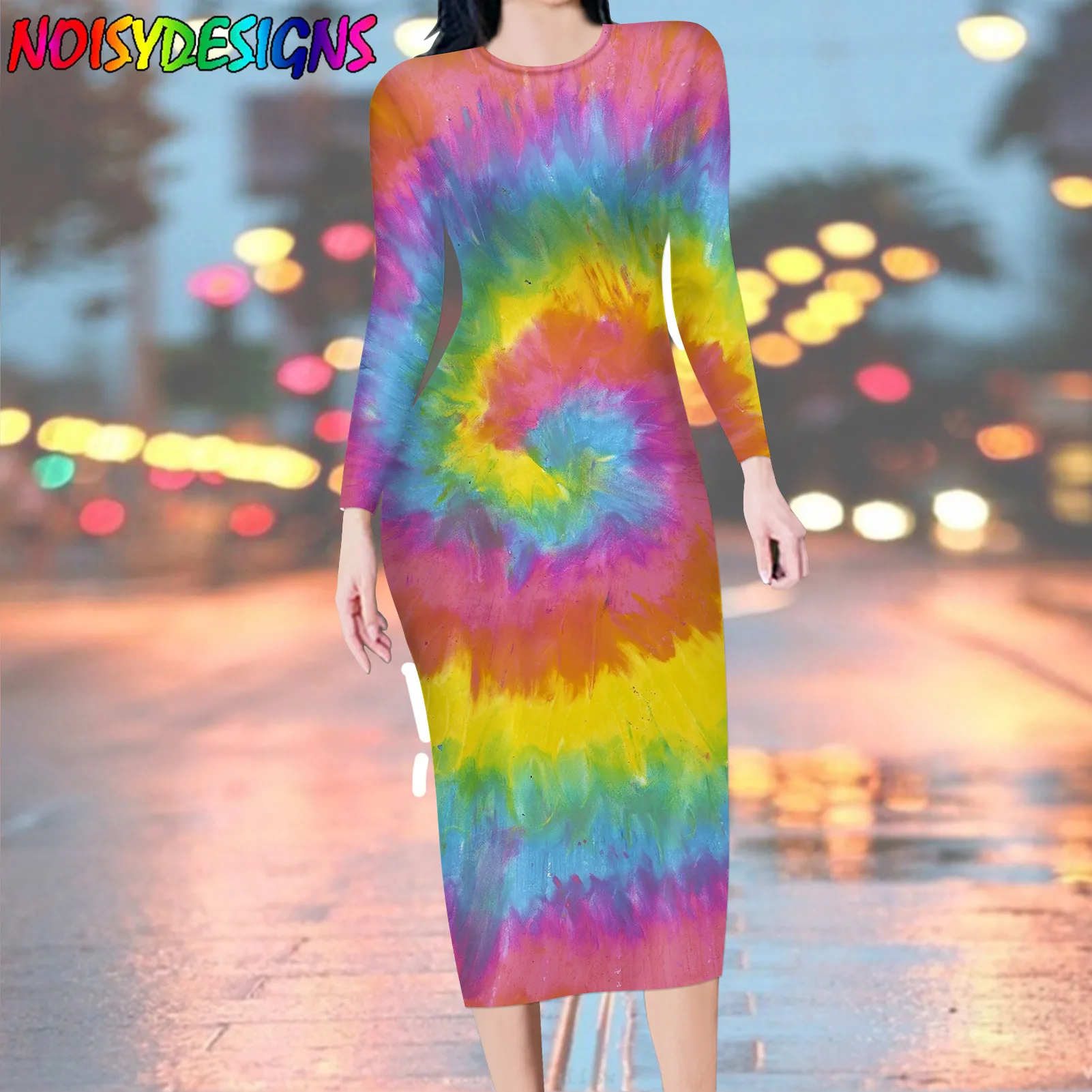 NOISYDESIGNS Soft S-4XL Long Sleeve Long Dress 2024 Autumn Women Tie Dye Pattern Casual Slim Bodycon Dresses Customized