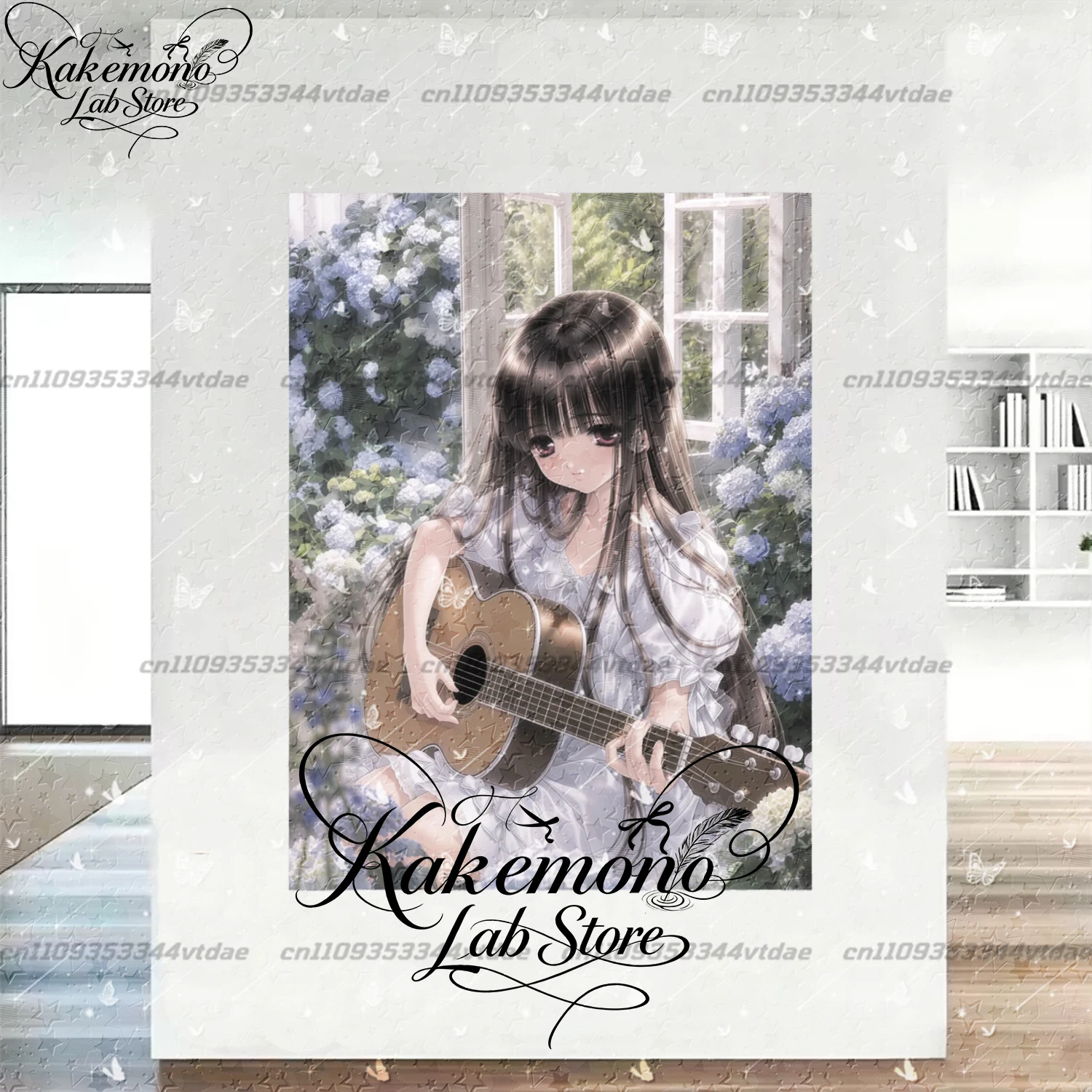 Vintage Anime Girl with Acoustic Guitar Vertical Tapestry, Long Black Hair White Dress Hydrangea Window Art Wall Hanging