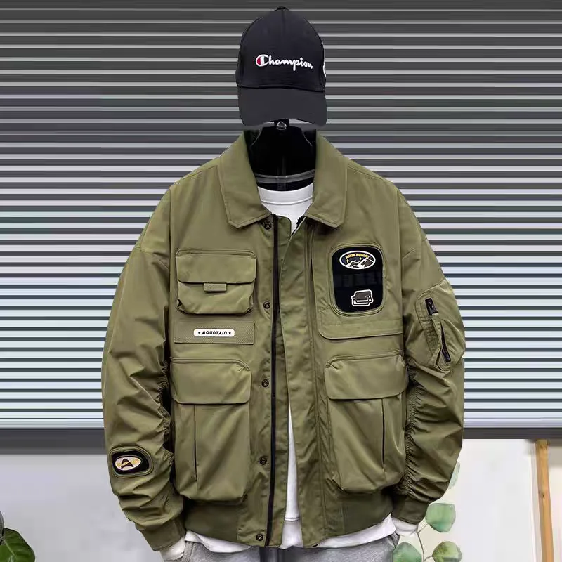 

Men Patch Designs Flight Jacket Multi-Pocket Workwear Dark Black Stylish Pilot Outfit Casual Spring Autumn Bomber Coat Outerwear