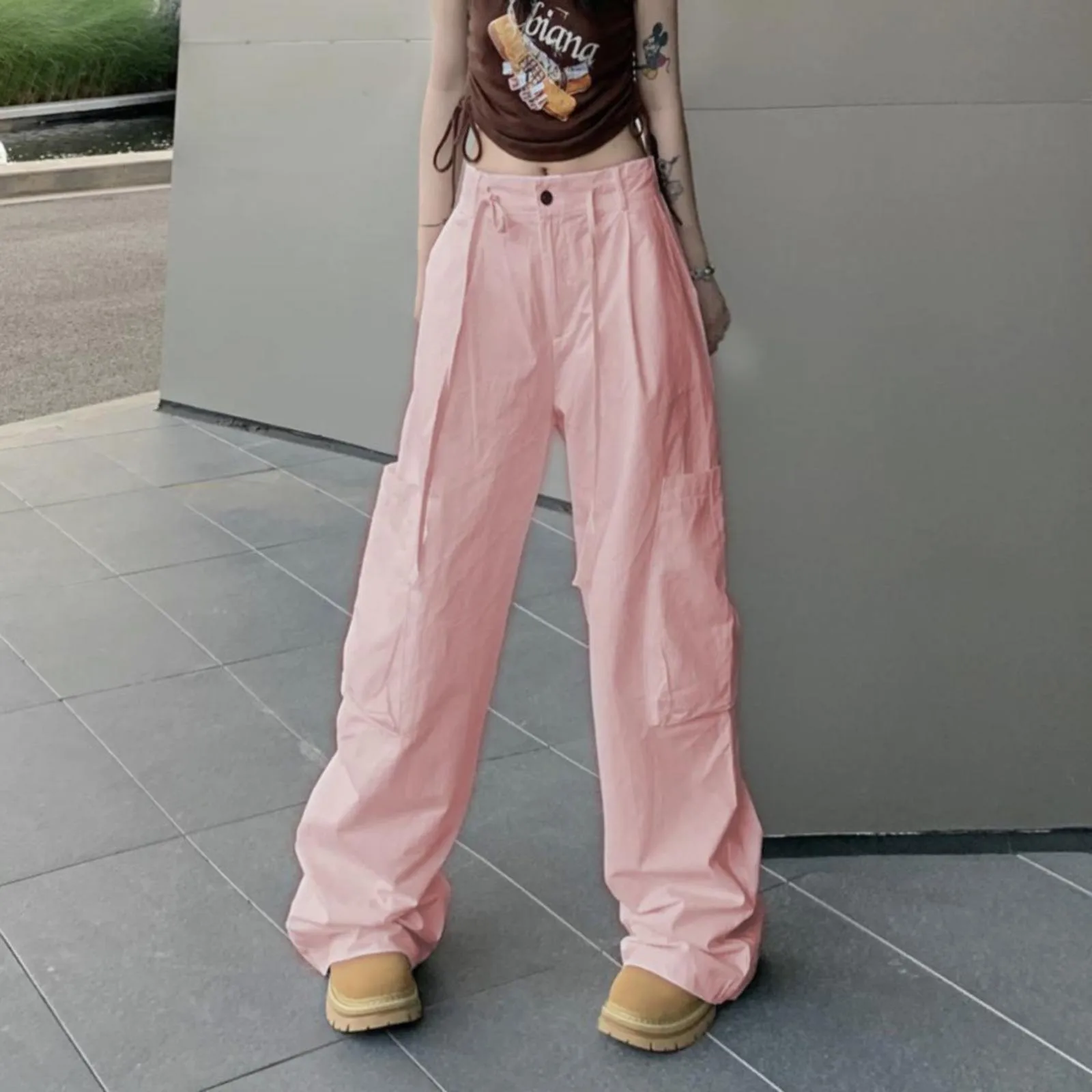 

Spring Fashion Drawstring Solid Color High Waist Cargo Women Clothing Trend Pocket Loose Elastic Waist Pants Femme Cotton Pants