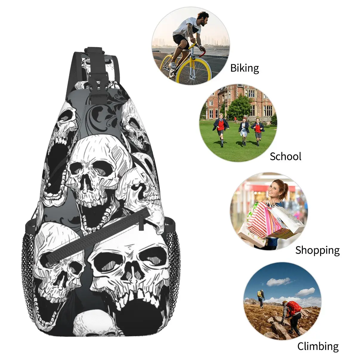 Death Skull Gothic Crossbody Sling Bags Small Chest Bag Shoulder Backpack Daypack for Hiking Outdoor Cycling Bag