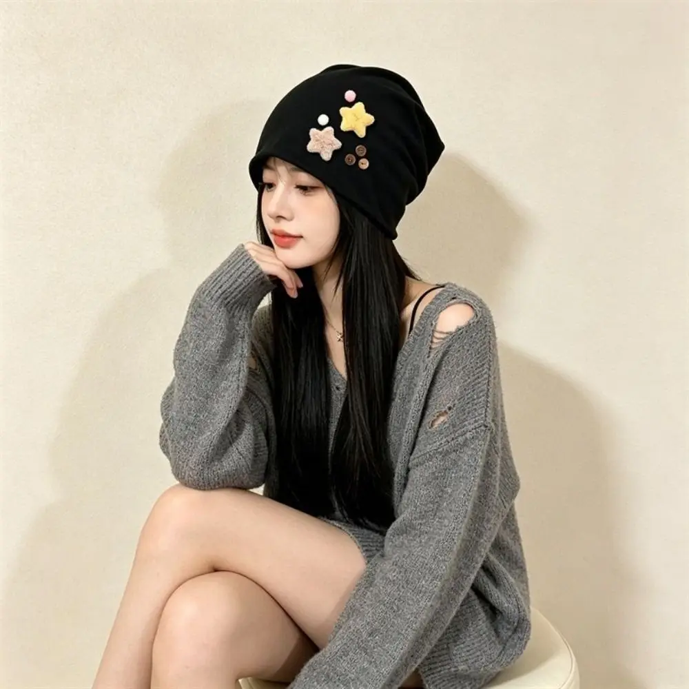 New Japanese Style Women's Beanie Windproof Skull Cap Star Detail Face-Flattering Fit Pull-On Hat Cold Weather