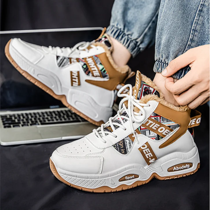 Men's Winter Fleece Lined High-Top Shoe Comfortable Trendy Thick-Soled Outdoor Snow Boots Non-slip and Warm Sports Shoes for Men