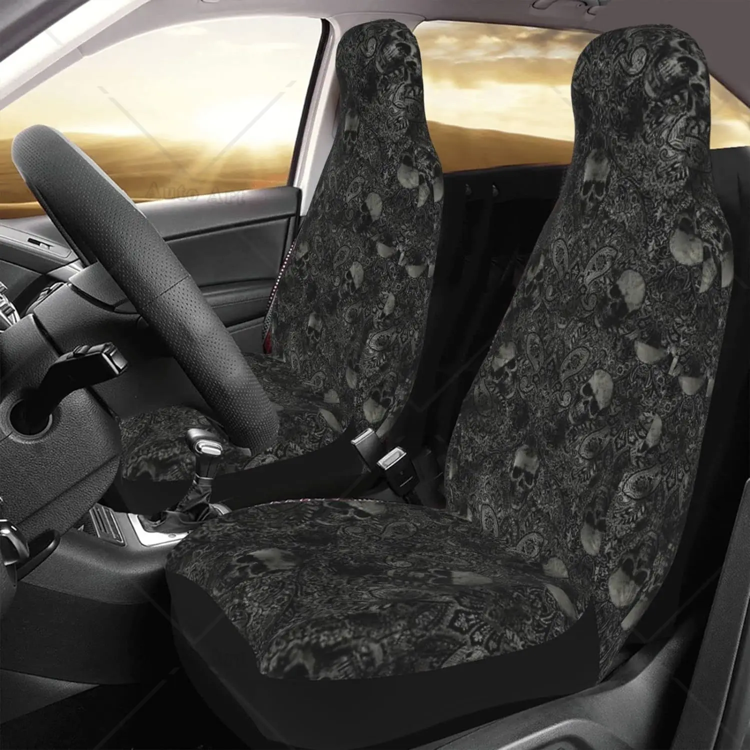 Vintage Spooky Black Gothic Skull Car Seat Covers Car Front Seat Protectors Car Accessories Bucket Cover Universal Car