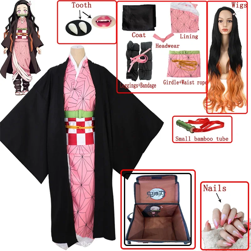 Anime Cosplay Costume Kimetsu No Yaiba Kamado Nezuko Pink Fake Nail Artificial False Nails Halloween Character Prop