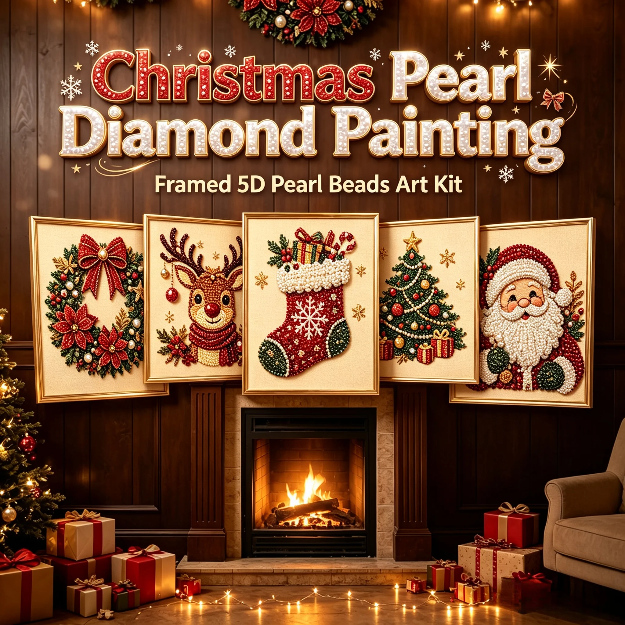 Framed Christmas Pearl Diamond Painting Kit 5D Pearl Beads Art Craft Beginners Home Wall Decor Gift Christmas Diamond Painting
