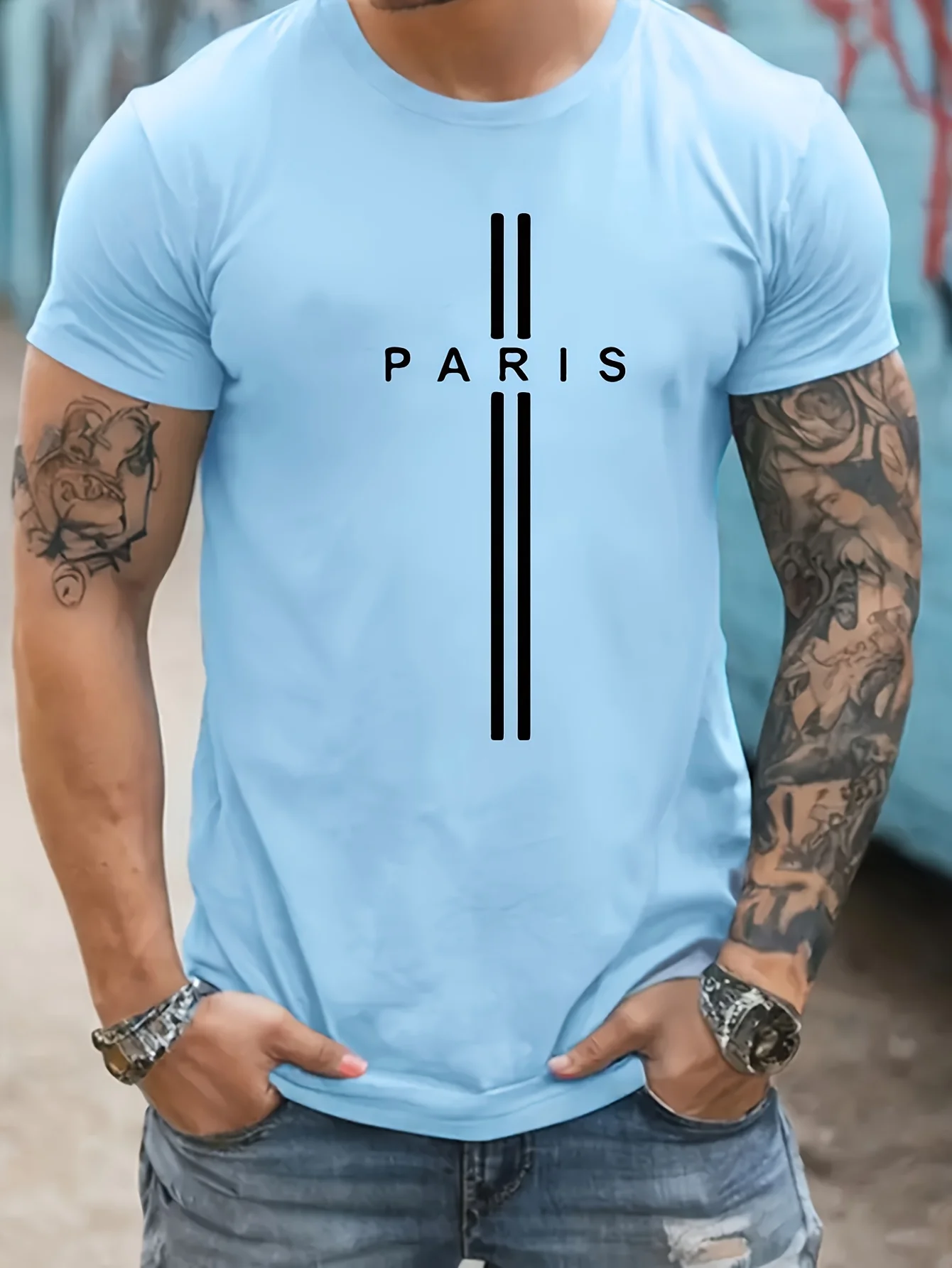 Men's 100% pure cotton summer loose fitting oversized Paris print casual slim fit round neck short sleeved T-shirt top